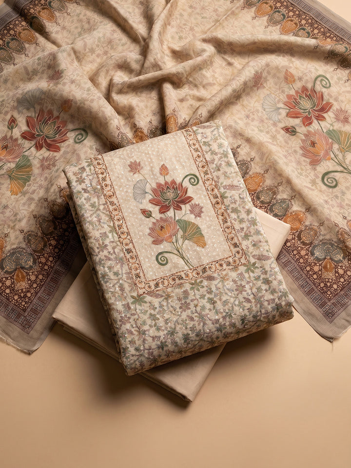 Beige Embroidered Cotton Blend Unstitched Suit With Pant &amp; Dupatta