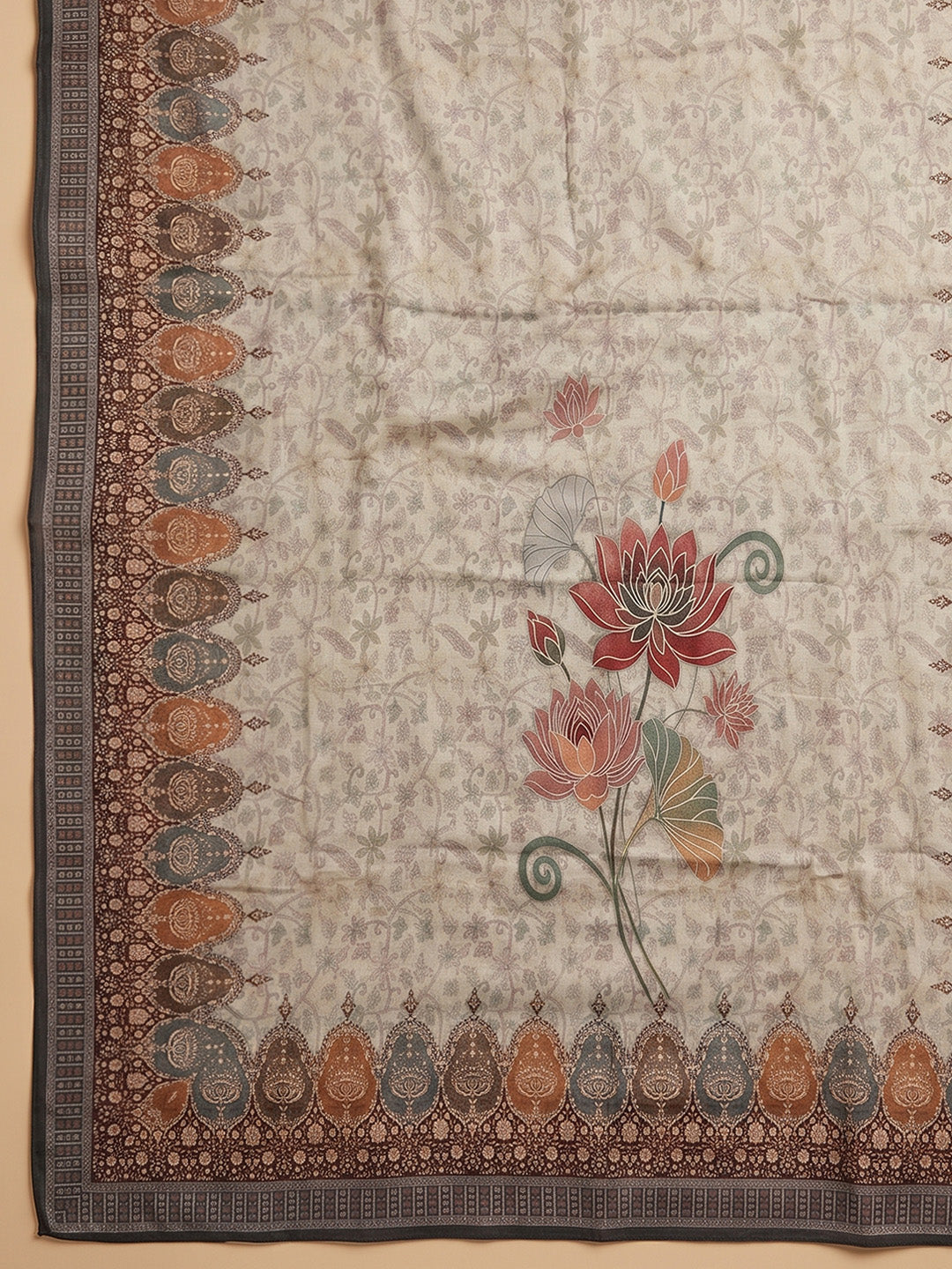 Beige Embroidered Cotton Blend Unstitched Suit With Pant &amp; Dupatta