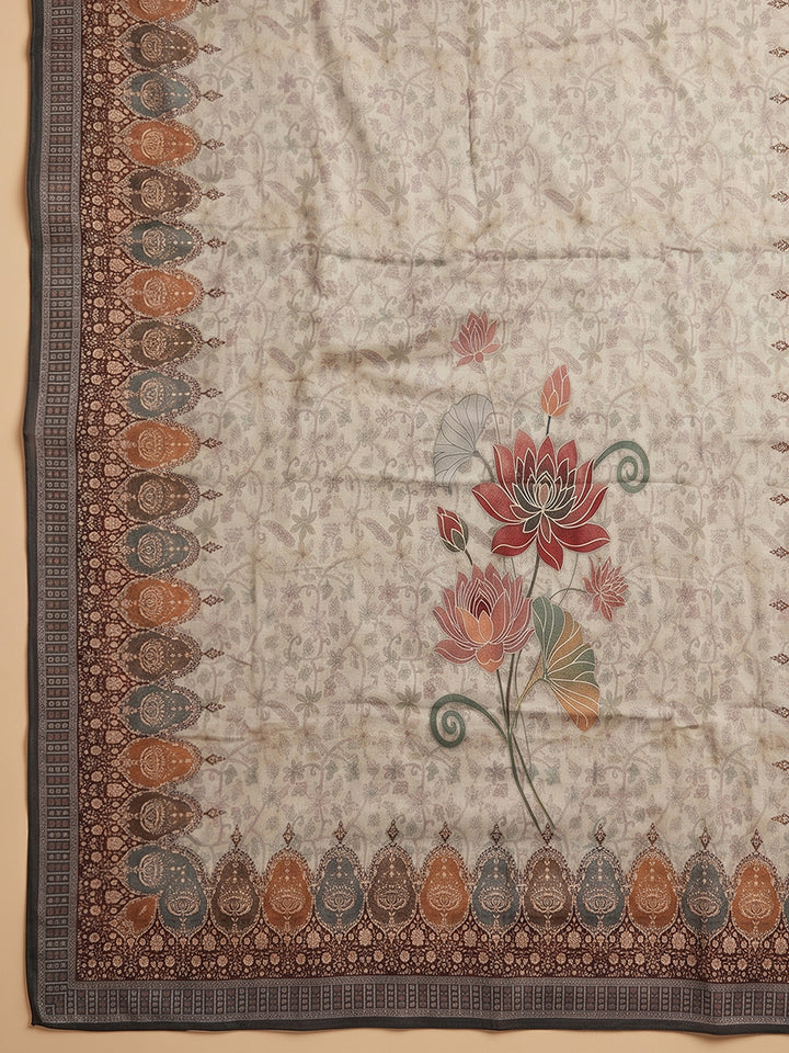 Beige Embroidered Cotton Blend Unstitched Suit With Pant &amp; Dupatta