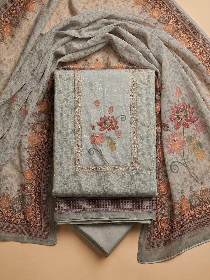Grey Embroidered Cotton Blend Unstitched Suit With Pant &amp; Dupatta
