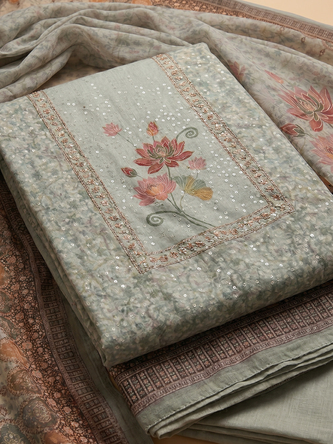 Grey Embroidered Cotton Blend Unstitched Suit With Pant &amp; Dupatta