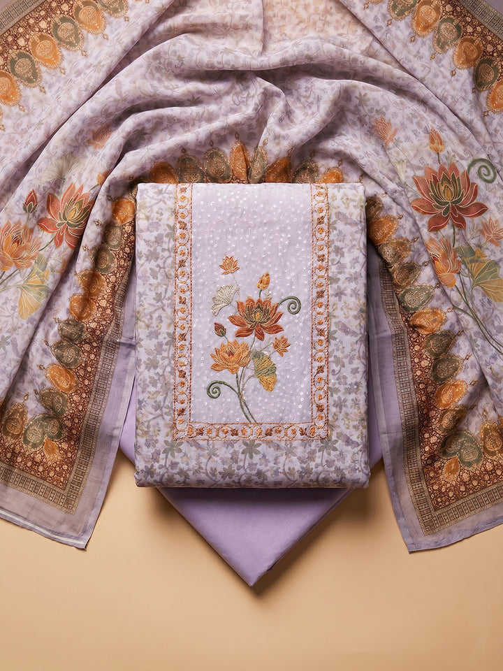 Lavender Embroidered Cotton Blend Unstitched Suit With Pant &amp; Dupatta