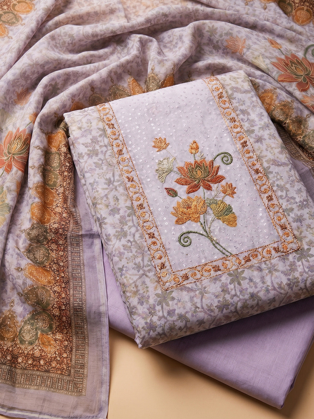 Lavender Embroidered Cotton Blend Unstitched Suit With Pant &amp; Dupatta