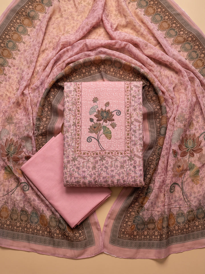 Peach Embroidered Cotton Blend Unstitched Suit With Pant &amp; Dupatta