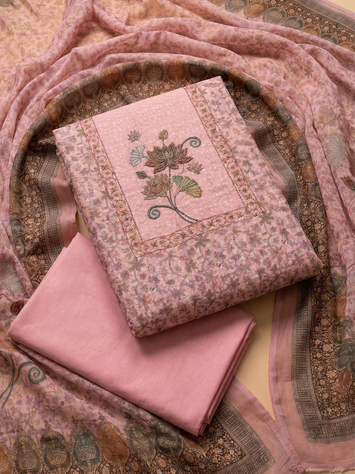 Peach Embroidered Cotton Blend Unstitched Suit With Pant &amp; Dupatta