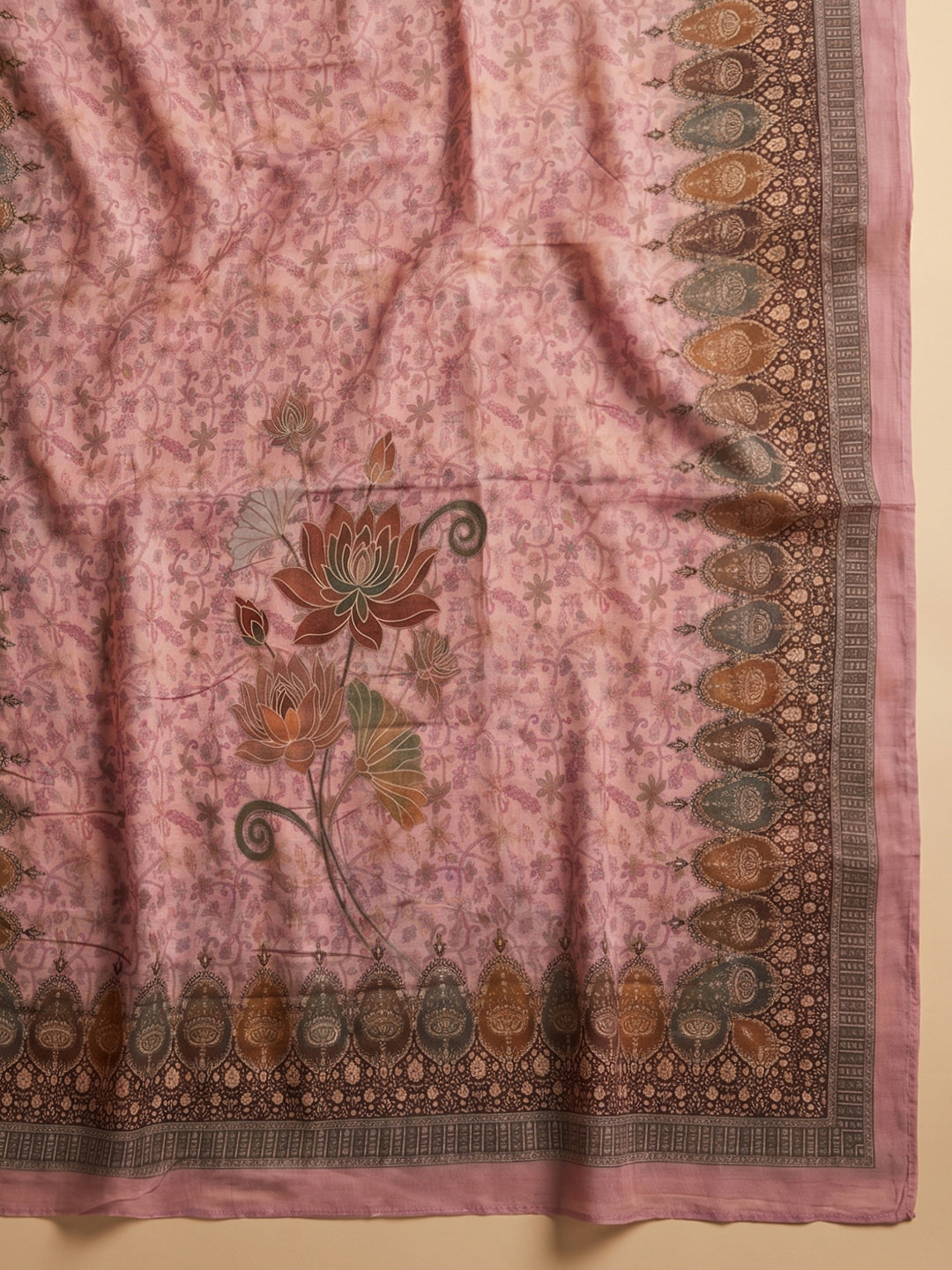 Peach Embroidered Cotton Blend Unstitched Suit With Pant &amp; Dupatta