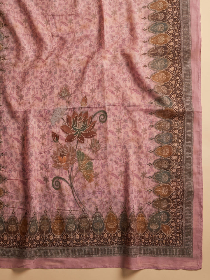 Peach Embroidered Cotton Blend Unstitched Suit With Pant &amp; Dupatta