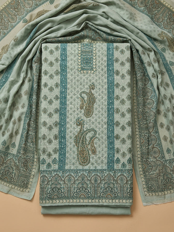 Aqua Green Printed Cotton Blend Unstitched Suit With Pant &amp; Dupatta
