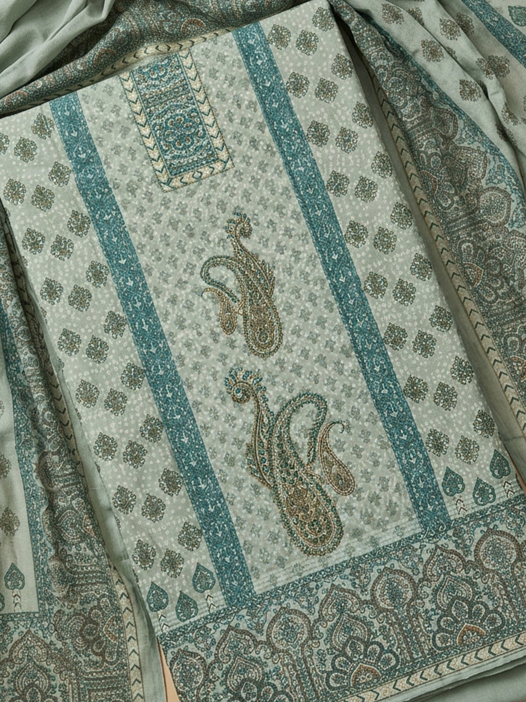 Aqua Green Printed Cotton Blend Unstitched Suit With Pant &amp; Dupatta