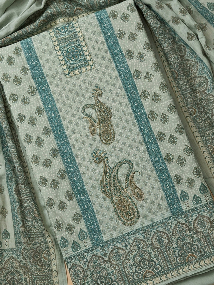 Aqua Green Printed Cotton Blend Unstitched Suit With Pant &amp; Dupatta