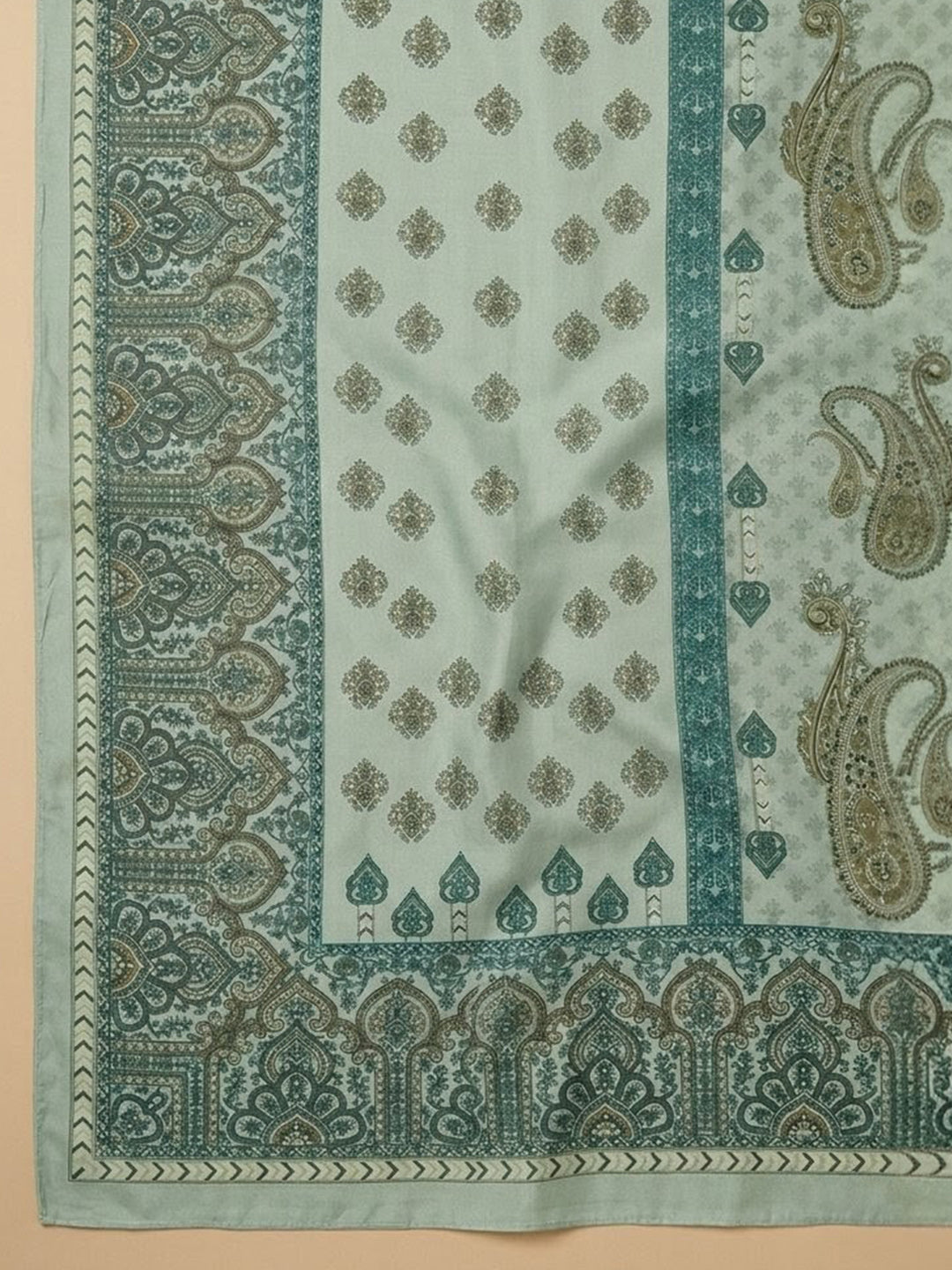 Aqua Green Printed Cotton Blend Unstitched Suit With Pant &amp; Dupatta