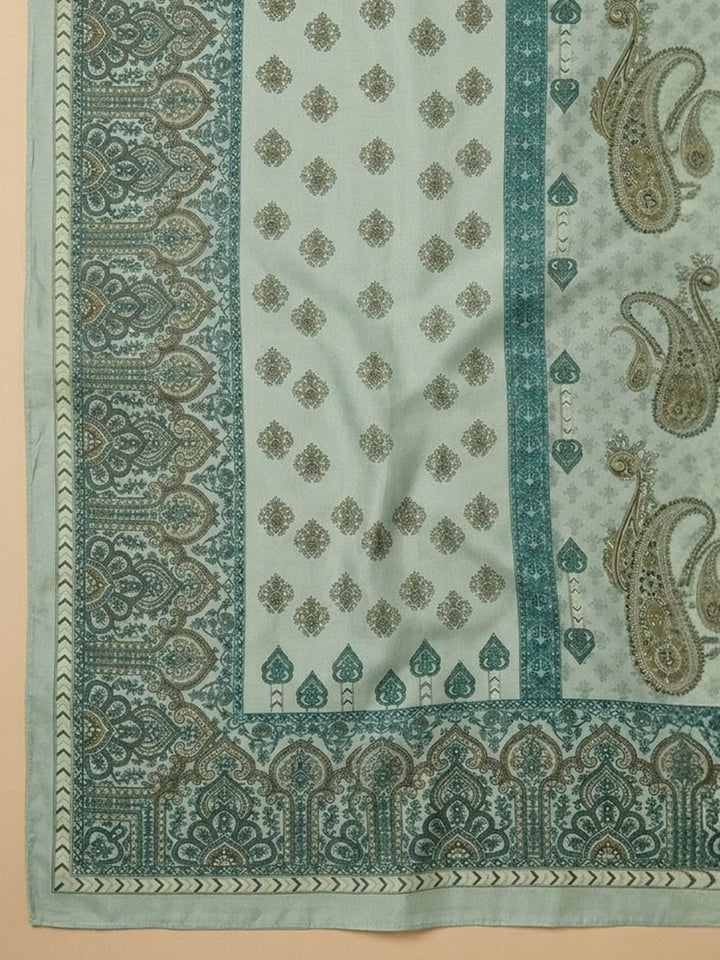 Aqua Green Printed Cotton Blend Unstitched Suit With Pant &amp; Dupatta