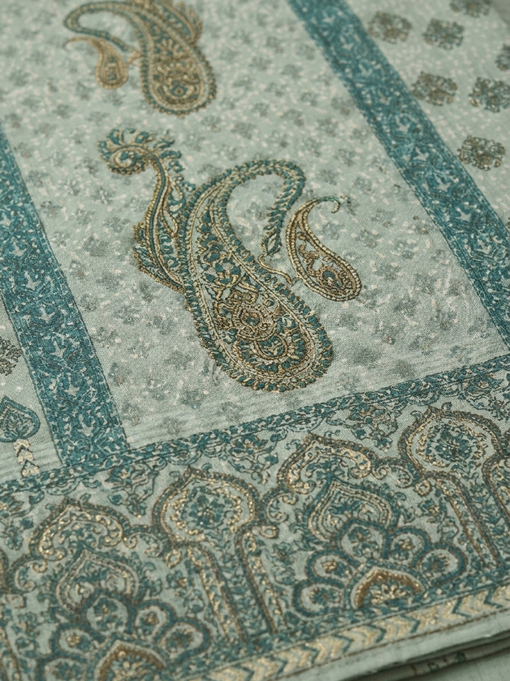 Aqua Green Printed Cotton Blend Unstitched Suit With Pant &amp; Dupatta