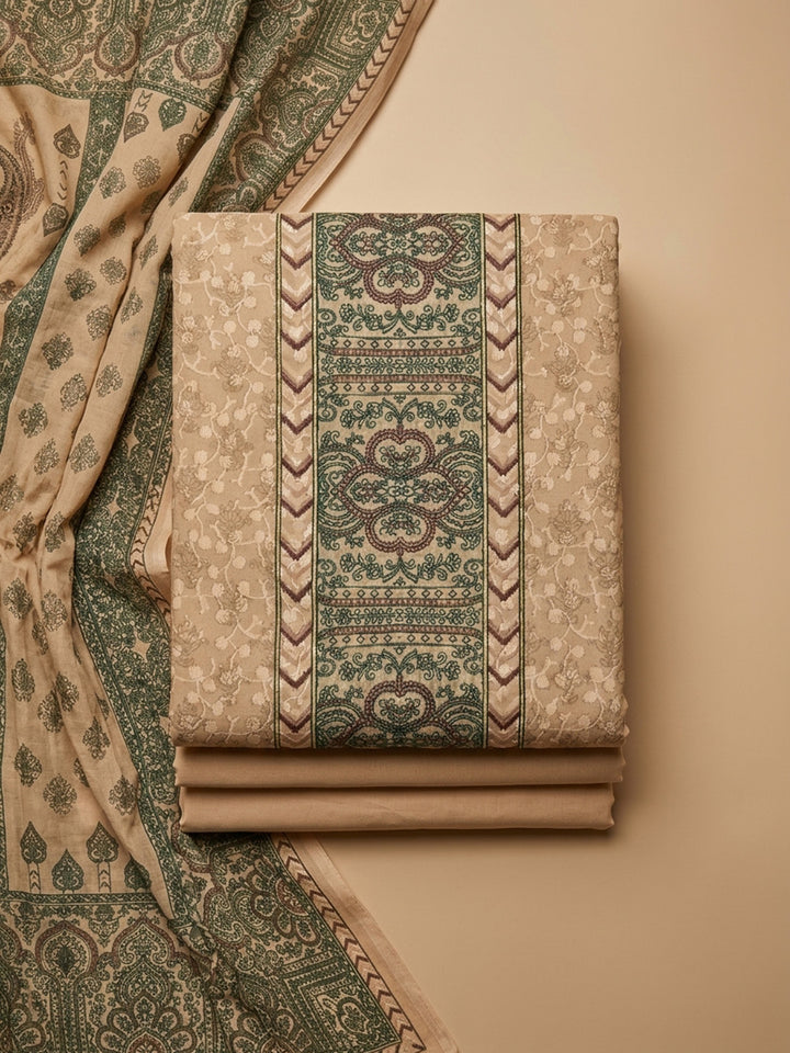 Beige Printed Cotton Blend Unstitched Suit With Pant &amp; Dupatta