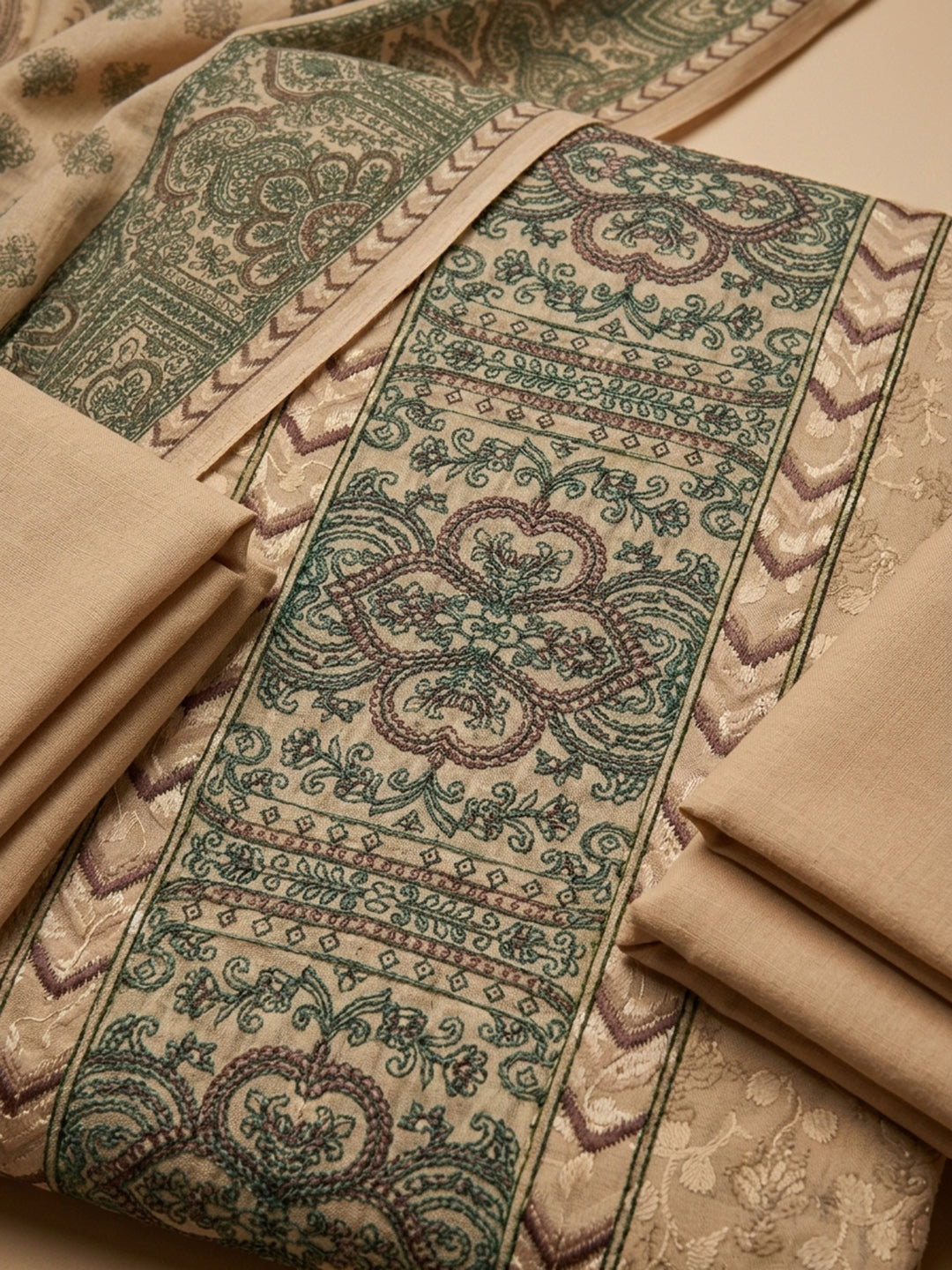 Beige Printed Cotton Blend Unstitched Suit With Pant &amp; Dupatta