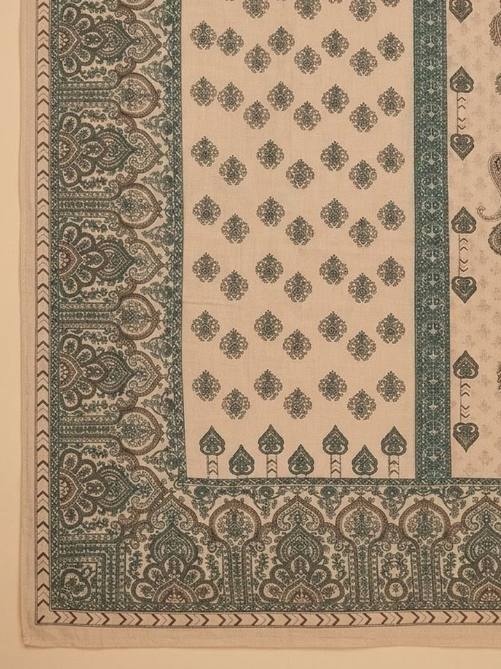 Beige Printed Cotton Blend Unstitched Suit With Pant &amp; Dupatta