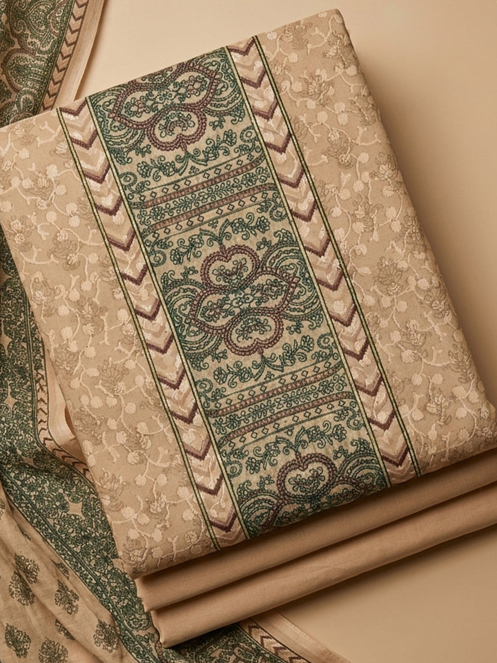 Beige Printed Cotton Blend Unstitched Suit With Pant &amp; Dupatta