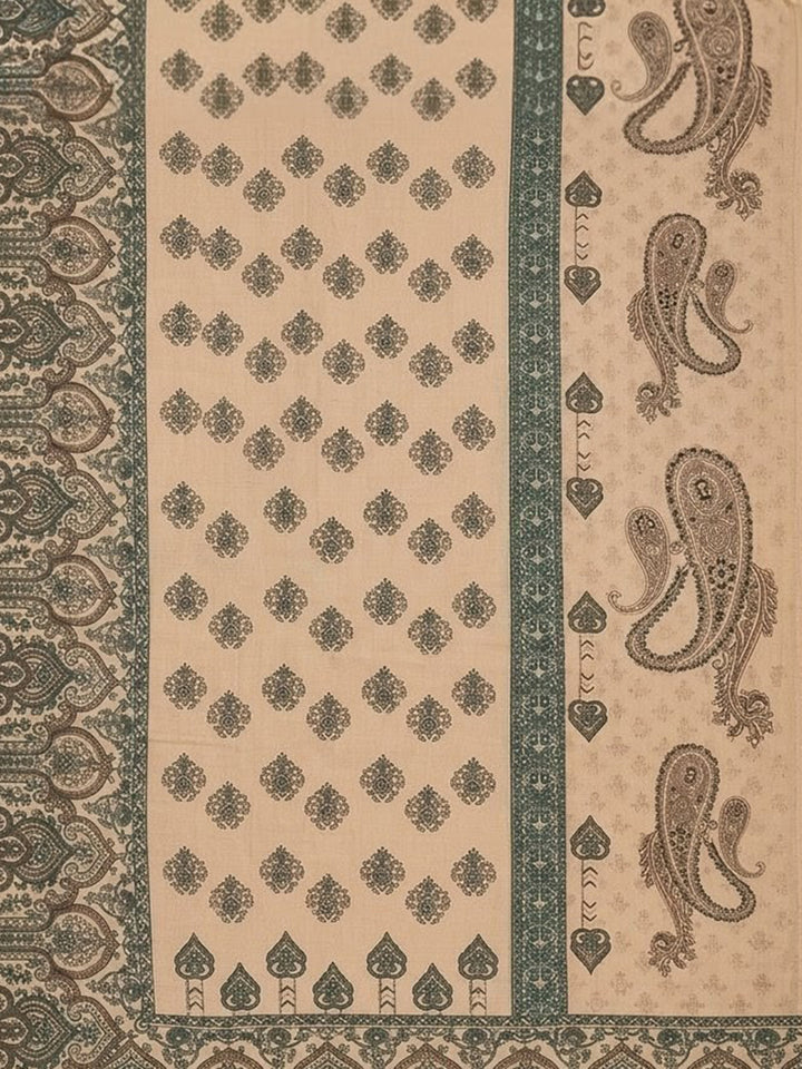 Beige Printed Cotton Blend Unstitched Suit With Pant &amp; Dupatta