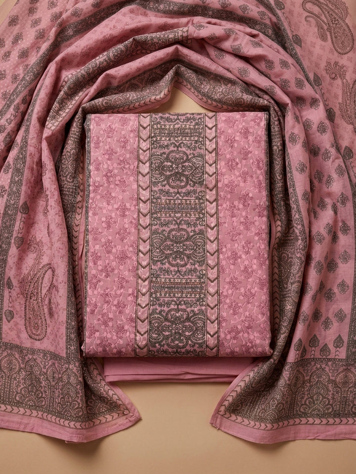Peach Pink Printed Cotton Blend Unstitched Suit With Pant &amp; Dupatta