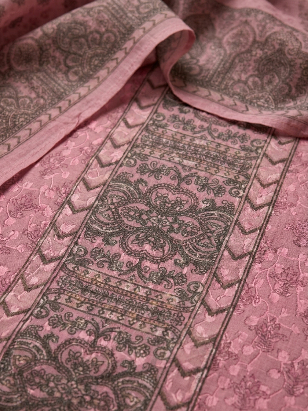 Peach Pink Printed Cotton Blend Unstitched Suit With Pant &amp; Dupatta