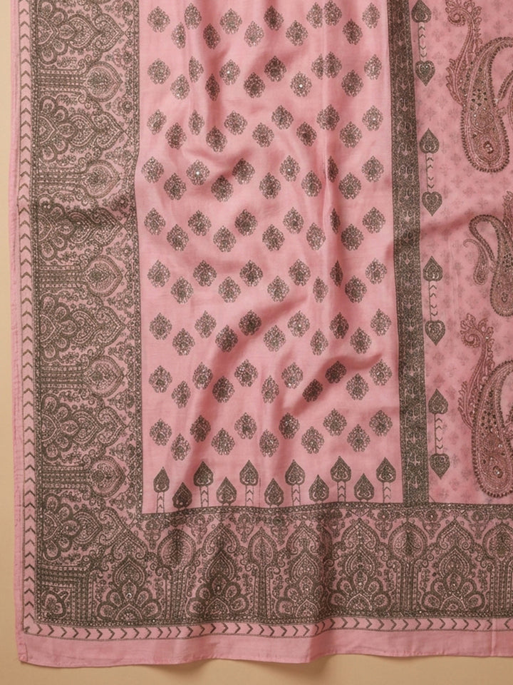 Peach Pink Printed Cotton Blend Unstitched Suit With Pant &amp; Dupatta