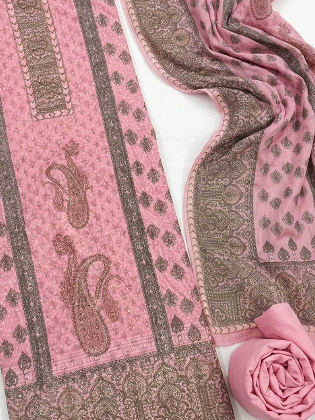 Peach Pink Printed Cotton Blend Unstitched Suit With Pant &amp; Dupatta