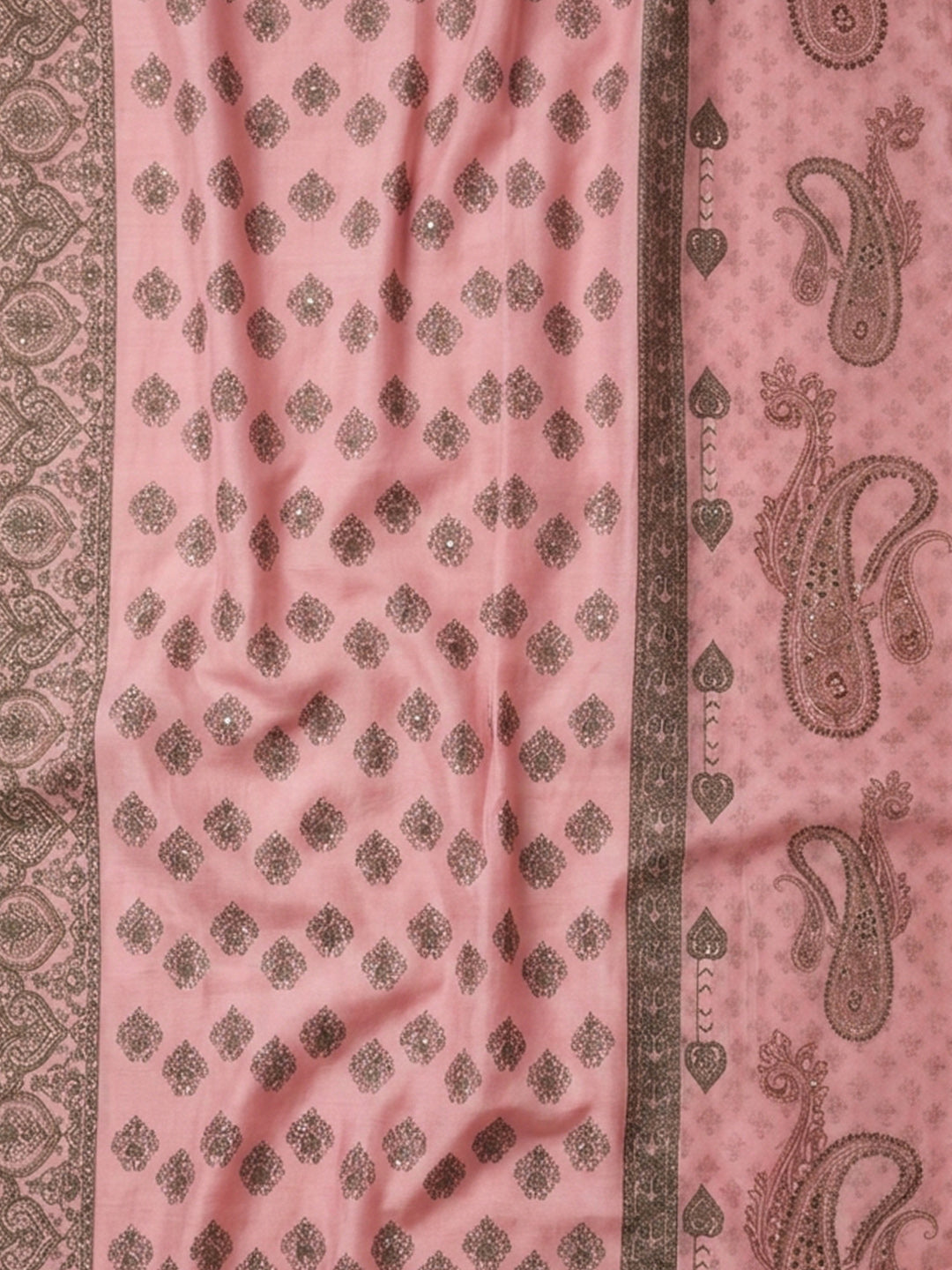 Peach Pink Printed Cotton Blend Unstitched Suit With Pant &amp; Dupatta