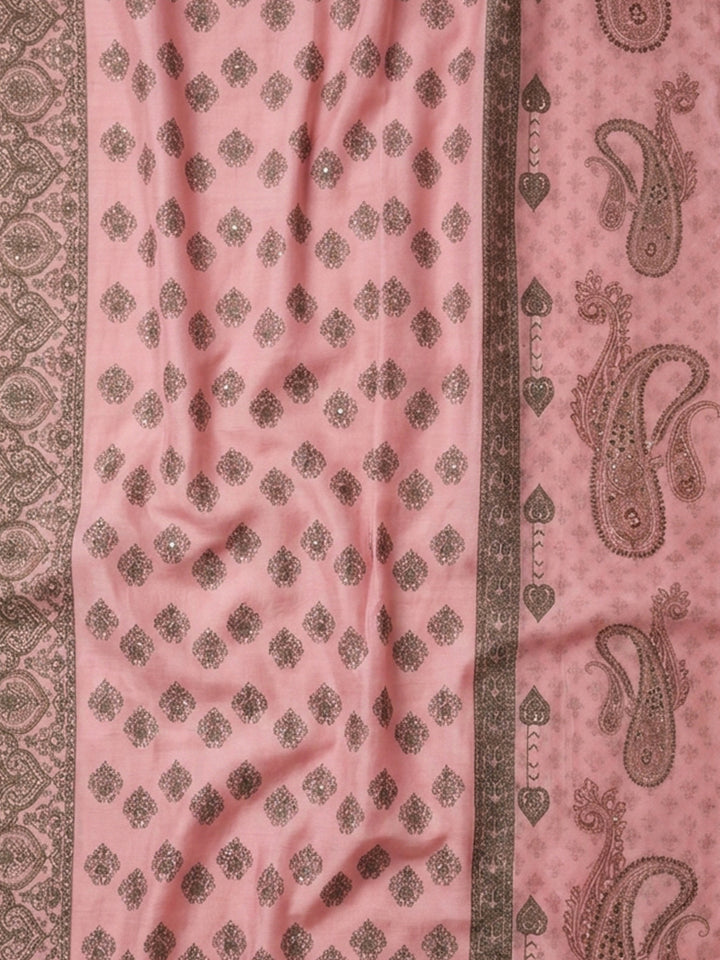 Peach Pink Printed Cotton Blend Unstitched Suit With Pant &amp; Dupatta