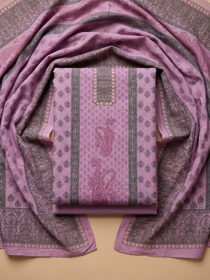 Pink Lavender Printed Cotton Blend Unstitched Suit With Pant &amp; Dupatta