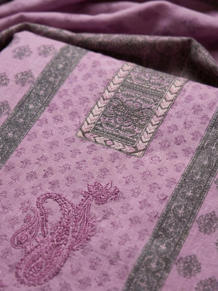 Pink Lavender Printed Cotton Blend Unstitched Suit With Pant &amp; Dupatta