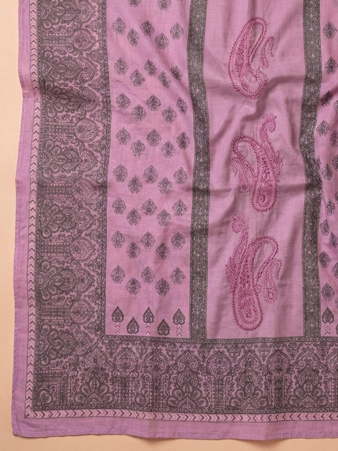 Pink Lavender Printed Cotton Blend Unstitched Suit With Pant &amp; Dupatta