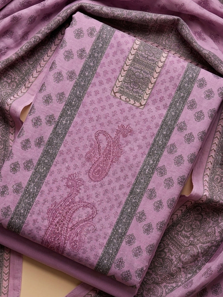 Pink Lavender Printed Cotton Blend Unstitched Suit With Pant &amp; Dupatta