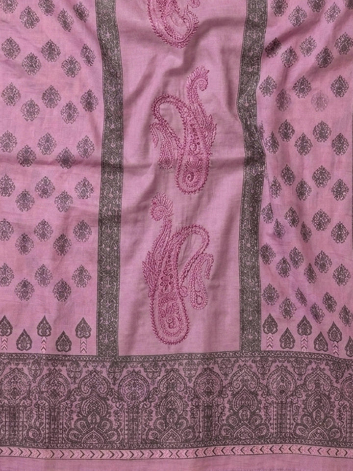 Pink Lavender Printed Cotton Blend Unstitched Suit With Pant &amp; Dupatta