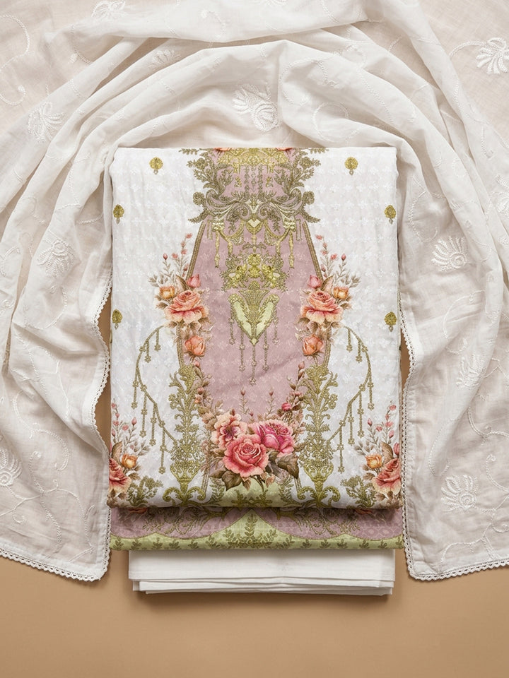 Peach Printed Cotton Blend Unstitched Suit With Pant &amp; Dupatta