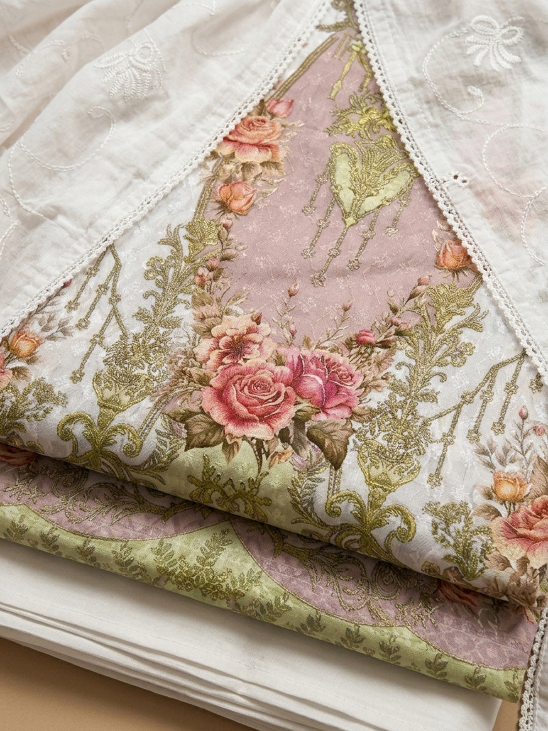 Peach Printed Cotton Blend Unstitched Suit With Pant &amp; Dupatta