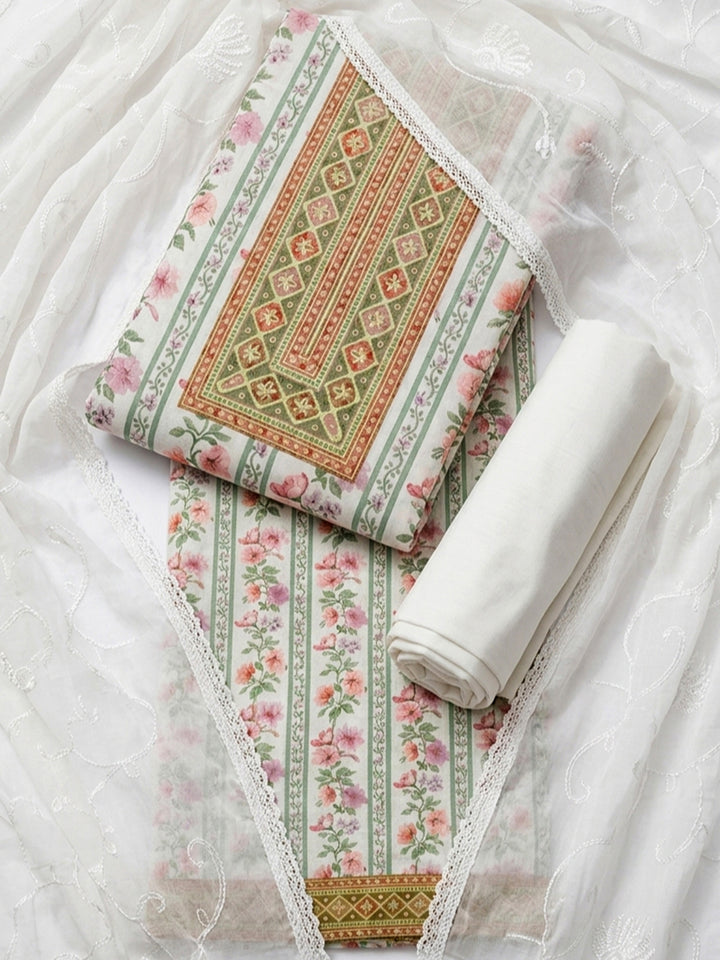 Olive Green Printed Cotton Blend Unstitched Suit With Pant &amp; Dupatta