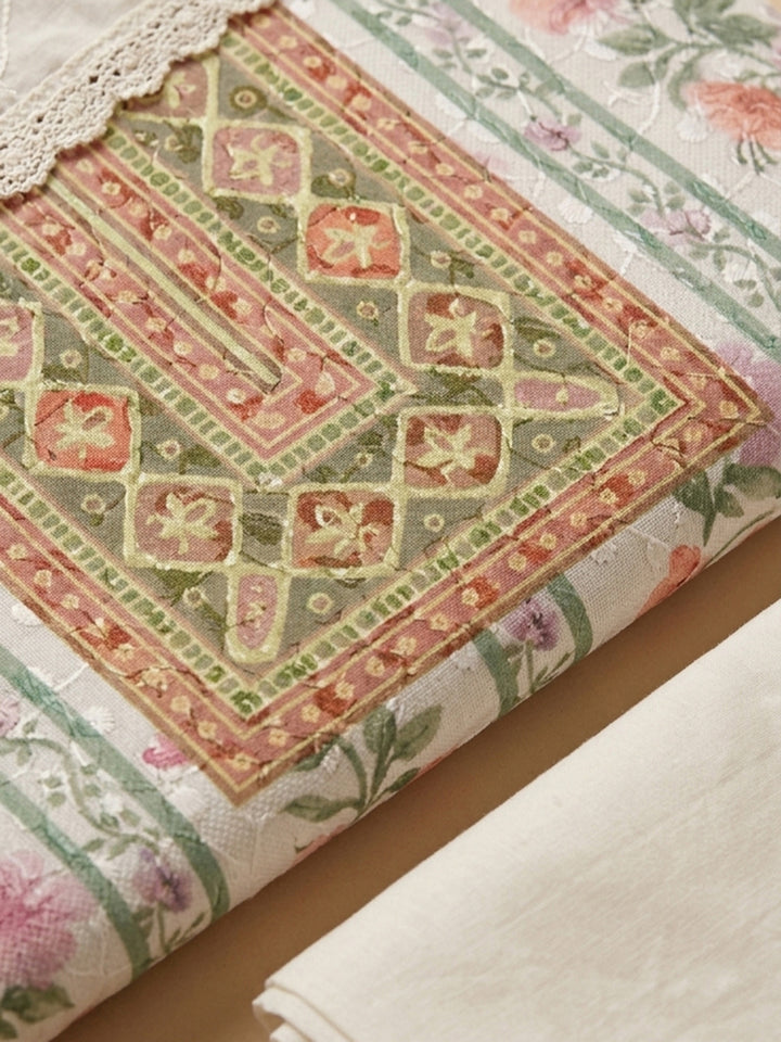 Olive Green Printed Cotton Blend Unstitched Suit With Pant &amp; Dupatta