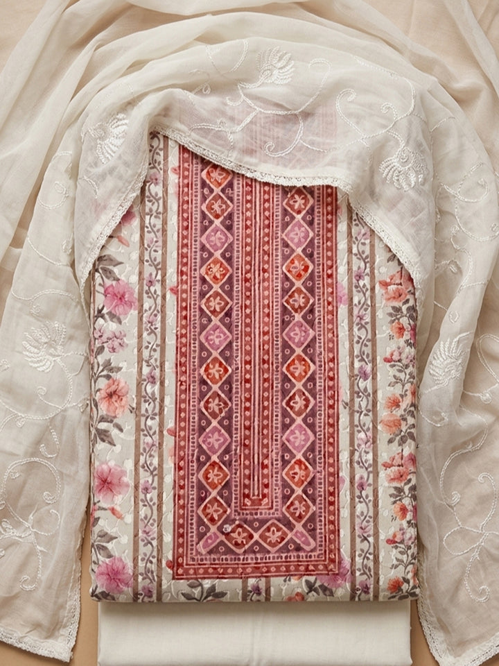 Peach Printed Cotton Blend Unstitched Suit With Pant &amp; Dupatta