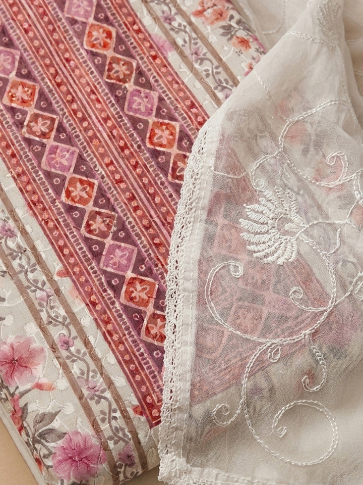 Peach Printed Cotton Blend Unstitched Suit With Pant &amp; Dupatta