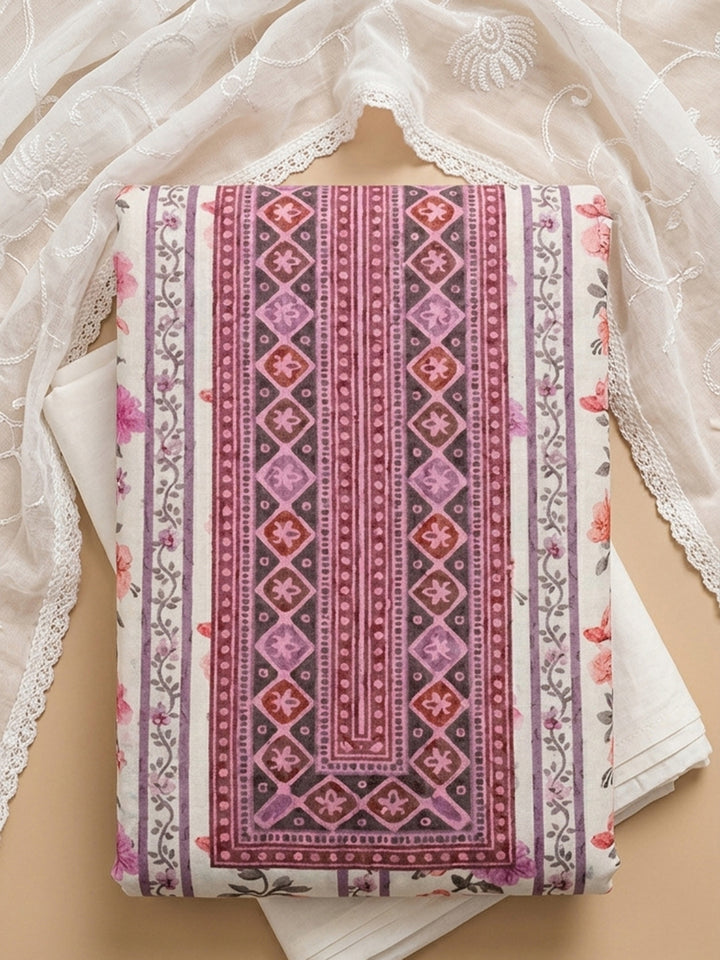 Pink Printed Cotton Blend Unstitched Suit With Pant &amp; Dupatta