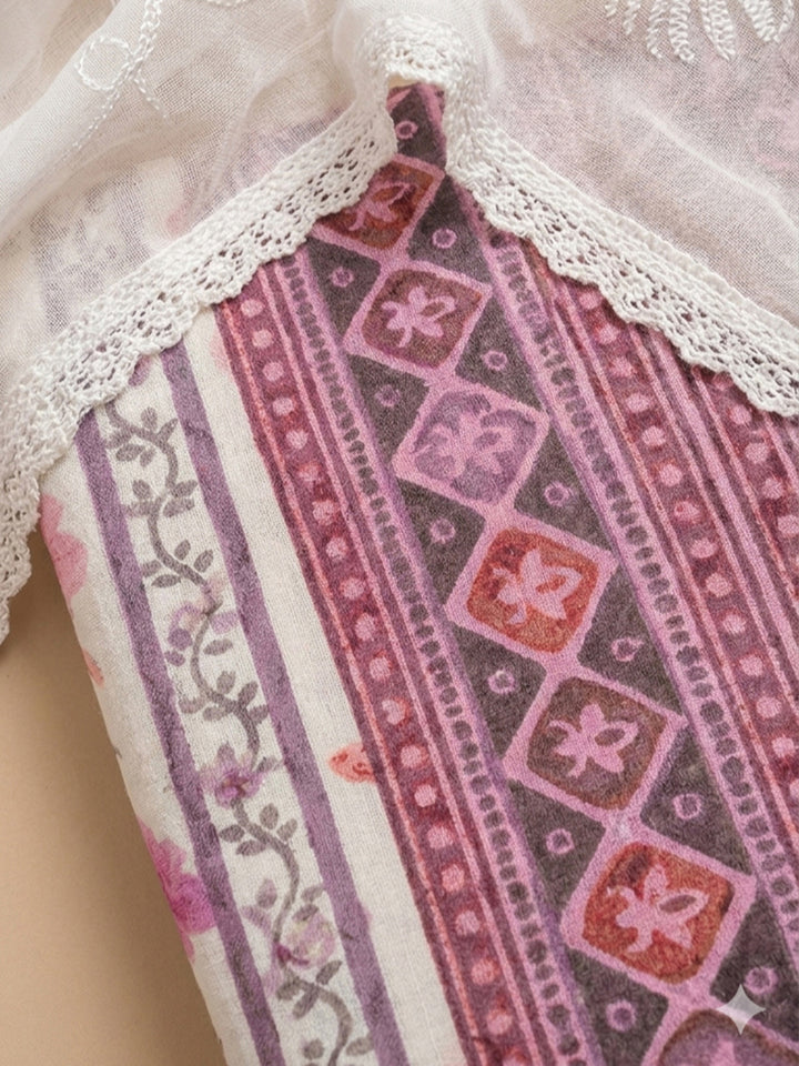 Pink Printed Cotton Blend Unstitched Suit With Pant &amp; Dupatta