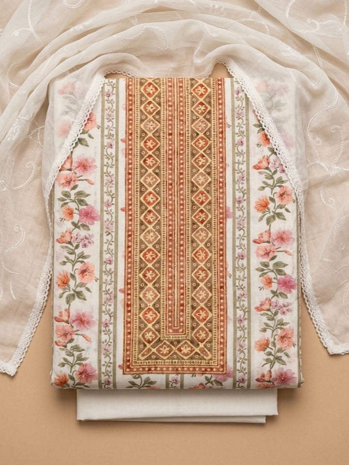 Rust Printed Cotton Blend Unstitched Suit With Pant &amp; Dupatta