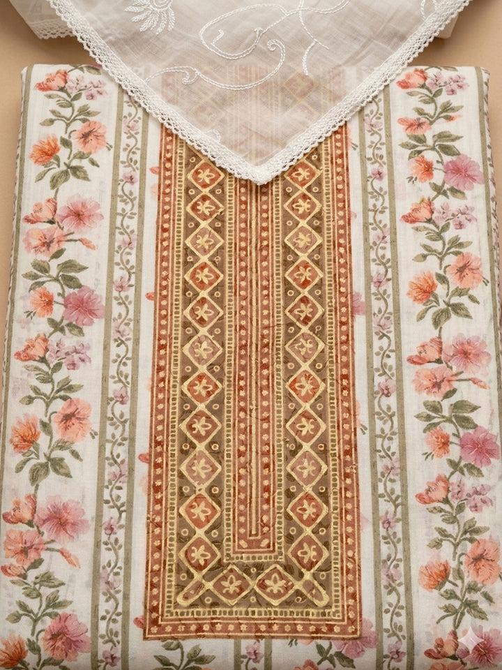 Rust Printed Cotton Blend Unstitched Suit With Pant &amp; Dupatta