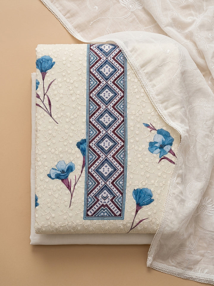 Cream Blue Embroidered Cotton Blend Unstitched Suit With Pant &amp; Dupatta