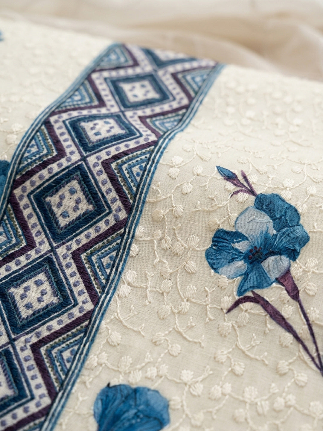 Cream Blue Embroidered Cotton Blend Unstitched Suit With Pant &amp; Dupatta