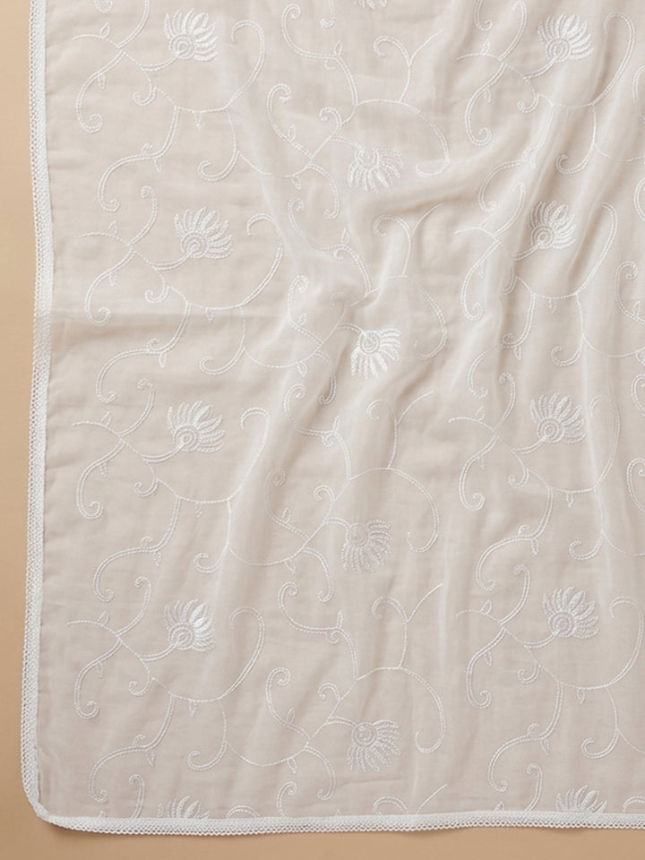 Cream Blue Embroidered Cotton Blend Unstitched Suit With Pant &amp; Dupatta