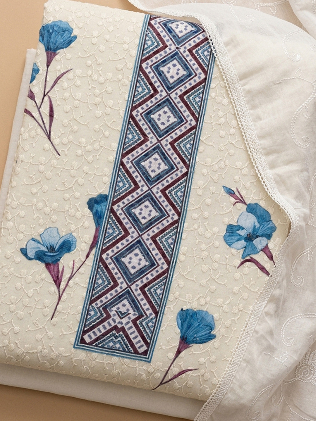 Cream Blue Embroidered Cotton Blend Unstitched Suit With Pant &amp; Dupatta