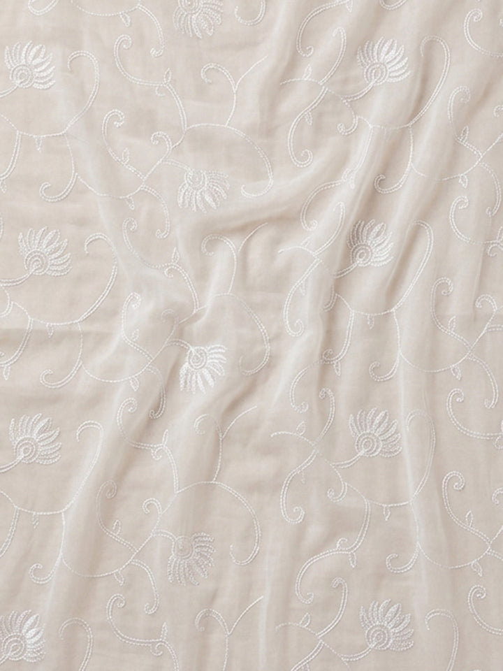 Cream Blue Embroidered Cotton Blend Unstitched Suit With Pant &amp; Dupatta