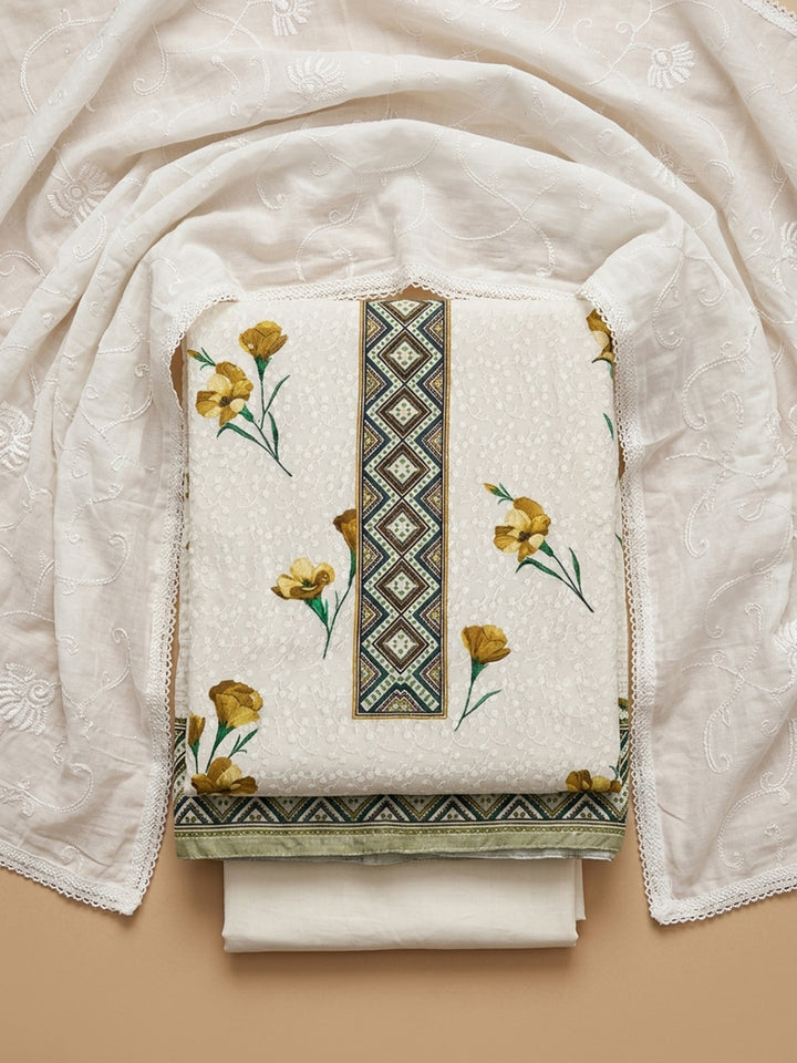 Cream Mehndi Embroidered Cotton Blend Unstitched Suit With Pant &amp; Dupatta