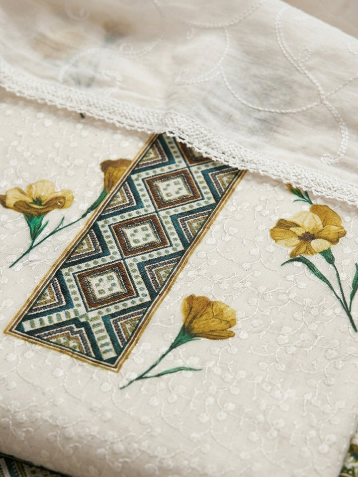 Cream Mehndi Embroidered Cotton Blend Unstitched Suit With Pant &amp; Dupatta